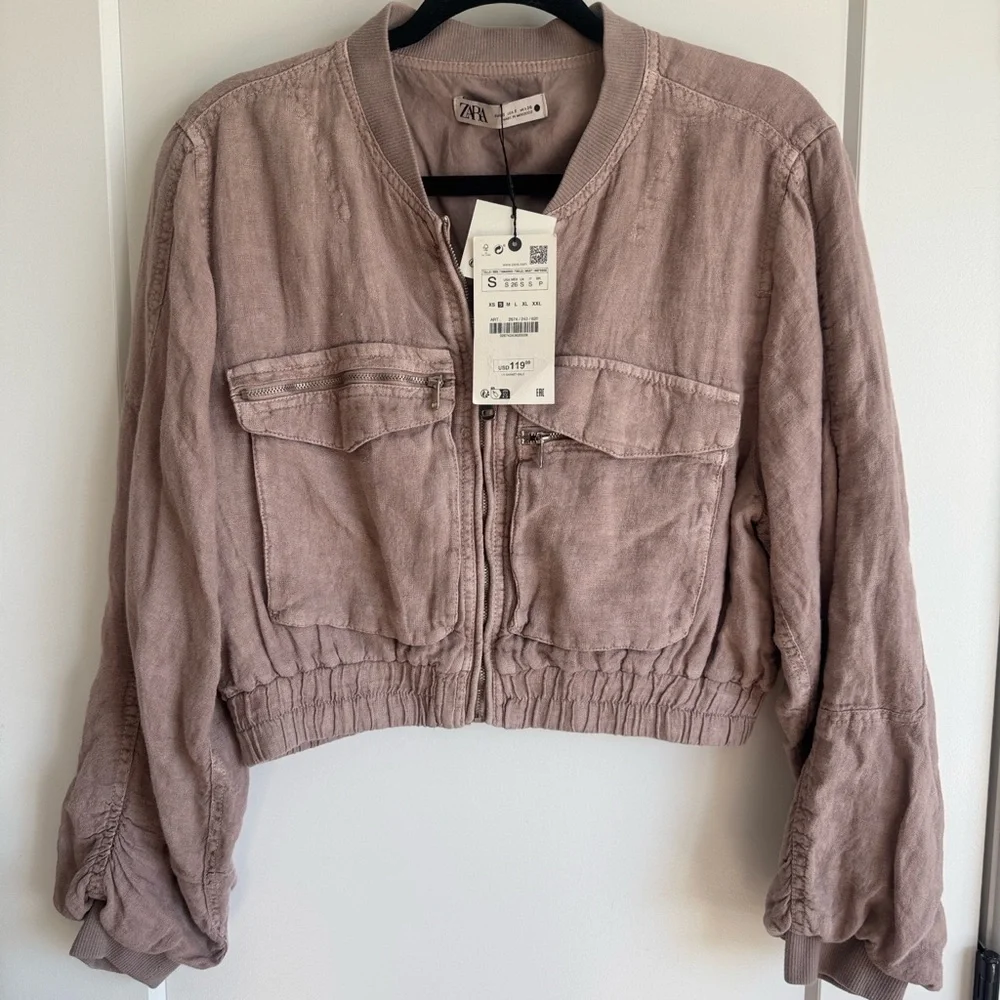 NWT Zara Greta Linen Bomber Jacket - size small - mauve/light pink - Picture 7 of 14